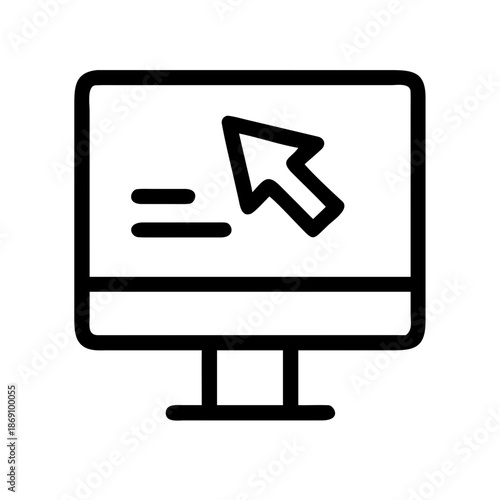 Black and white icon of computer monitor with arrow cursor and text lines for online activity or user interface
