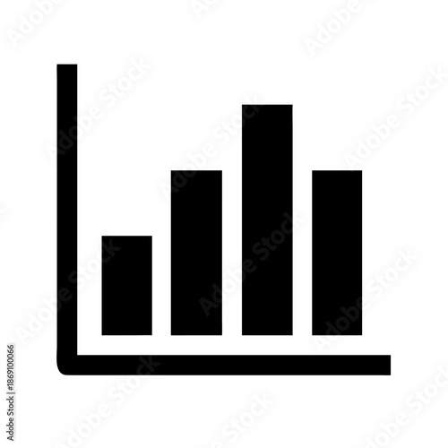 Black and white icon of bar chart with four uneven vertical bars and axes for data comparison or statistics