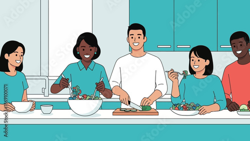 Group of people preparing a meal together in a kitchen with cartoon illustrations