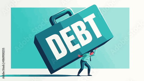 A person struggling to carry a large briefcase labeled debt in a simple illustration