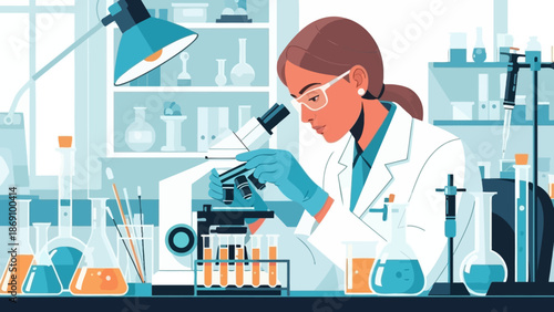 Female Scientist Examining Specimen through Microscope in Laboratory Setting
