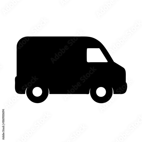 Black and white icon of van in side view for delivery, transportation, or logistics services