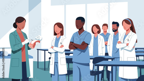 Medical professionals gathered in a classroom setting for a training session led by an instructor