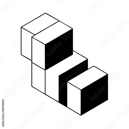 Black and white icon of six stacked cubes in stepped formation for spatial reasoning or 3D visualization