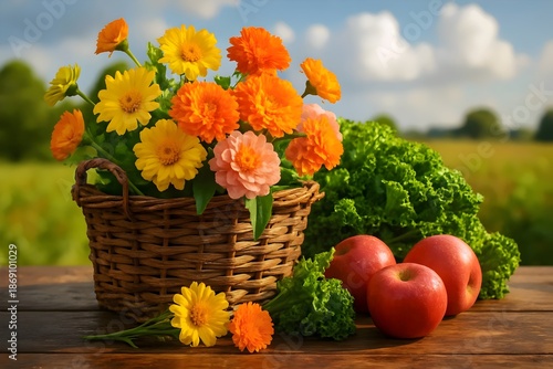 Harvest Bounty: Wicker Basket with Fresh Marigolds, Apples, and Lettuce