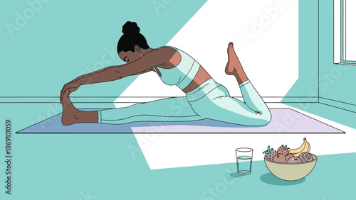 Woman practicing yoga in a serene room with a healthy meal nearby