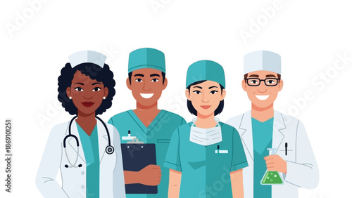 Diverse group of medical professionals in scrubs and lab coats standing together in a clinical environment