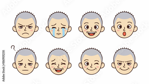 Vector illustration collection featuring a set of four funny facial expressions and character avatars with various hair styles, beards, and smiles for men, women, and kids