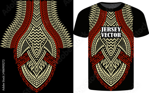 Tribal Ethnic T-Shirt Design with Intricate Geometric Pattern, leaf motif tribal style unique dress, Polynesian Tribal traditional cultural dress template vector, Sports Jersey Apparel Print.