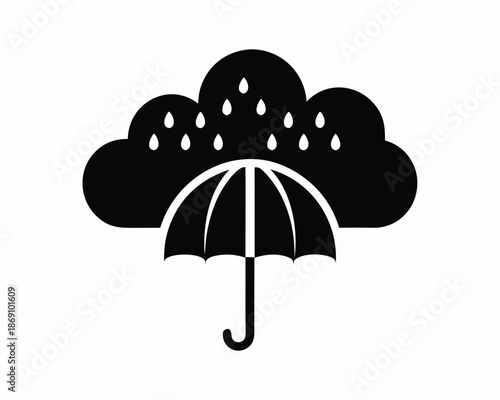 Umbrella with Rain Cloud Silhouette Vector Icon, Spring Weather Illustration Isolated on White Background