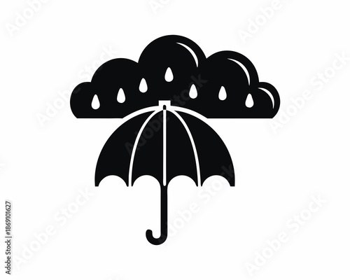 Umbrella with Rain Cloud Silhouette Vector Icon, Spring Weather Illustration Isolated on White Background