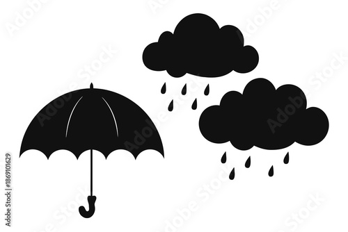 Spring Rain Cloud and Umbrella Silhouette Vector Illustration, Weather Protection Icon Isolated on White Background