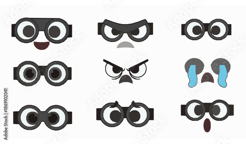 Cute cartoon goggle eyes icon set expressive character emotions flat vector illustration