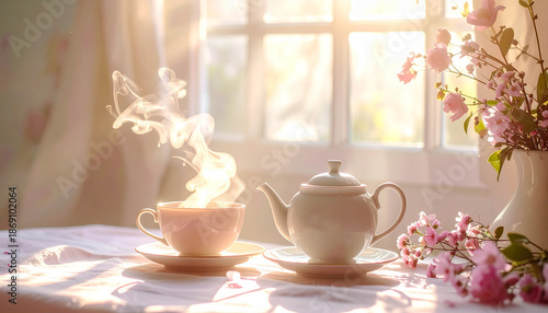 Wallpaper Mural Dreamy Morning Tea Ritual with Floating Steam and Soft Sunlight Torontodigital.ca