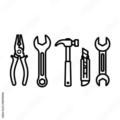Line Art - Pliers, Wrenches, Hammer, and Utility Knife Tools.