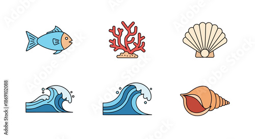 Marine Life Icons - Fish, Coral, Seashell, and Ocean Waves.