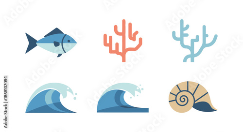 Marine Life Icons - Fish, Coral, Waves, and Seashells.