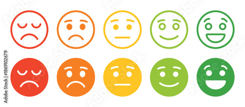 Satisfaction rating expression vector graphic showing emotes, happy and sad faces, feedback symbols, and user experience illustration for surveys.