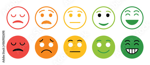 Satisfaction rating expression vector graphic showing emotes, happy and sad faces, feedback symbols, and user experience illustration for surveys.