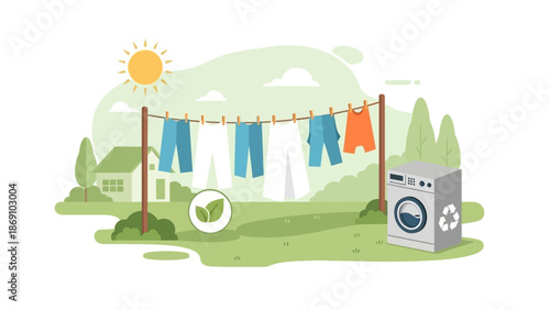 A flat design illustration promoting sustainable laundry practices, featuring clothes air-drying on a line in a backyard, combined with eco-friendly washing machine symbolism. 