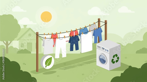 A flat design illustration promoting sustainable laundry practices, featuring clothes air-drying on a line in a backyard, combined with eco-friendly washing machine symbolism. 