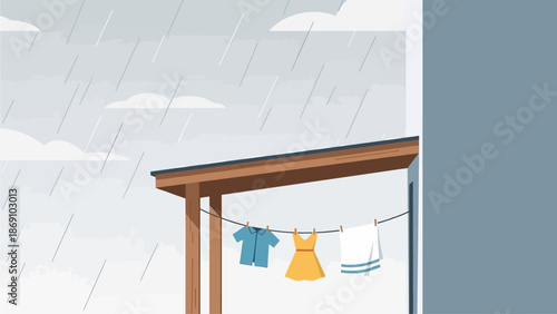 This flat design illustration depicts clothes patiently air-drying under a protective shelter in a backyard, even on a rainy day.