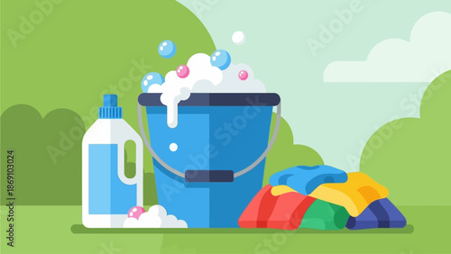 A colorful flat design illustration showing a laundry bucket overflowing with soap bubbles and detergent, representing the initial stages of washing clothes outdoors. 