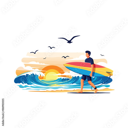 A man walks along the beach carrying a colorful surfboard at sunset with seagulls flying overhead.