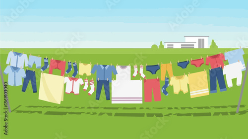 This flat design illustration showcases a clothesline fully laden with a colorful variety of freshly washed garments, drying under the bright sun in a serene backyard. 