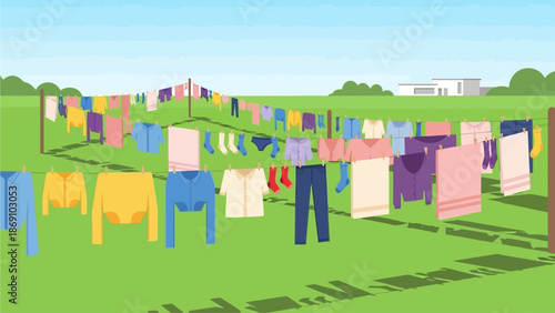 This flat design illustration showcases a clothesline fully laden with a colorful variety of freshly washed garments, drying under the bright sun in a serene backyard. 