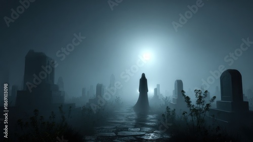 A cloaked figure walks through a misty graveyard towards a bright, obscured light