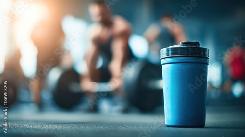 A close-up of a blue shaker bottle on a gym floor, with blurred people lifting weights in the background