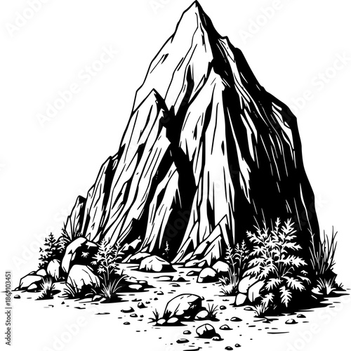 Majestic Mountain Illustration: A detailed illustration of a towering mountain peak with a rugged, rocky terrain, showcasing the grandeur of nature.