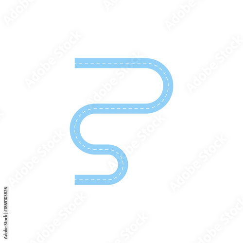 Curving blue road with dashed white lines on a white background