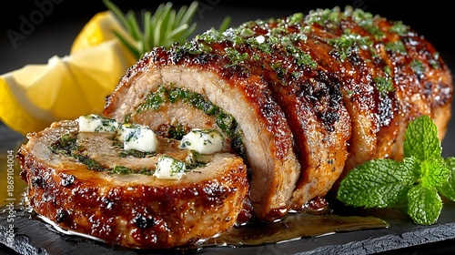 Sliced roasted pork loin stuffed with herbs and cheese Keywords: food, meat, pork, roast