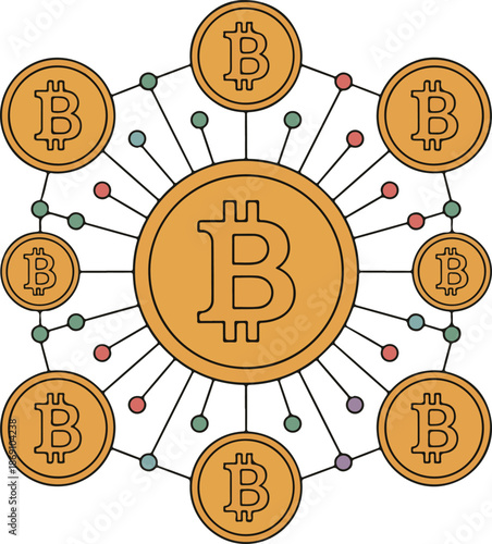 Bitcoin cryptocurrency network diagram with central coin surrounded by others on transparent background