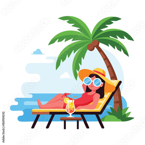 A cartoon woman in a red swimsuit and sunglasses relaxes on a beach lounger under a palm tree with a cocktail, conveying a calm and serene mood.