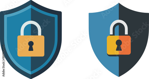 Blue and orange shield icons with locks symbolizing security and protection on transparent background