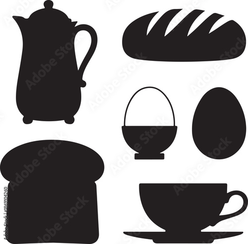 Black silhouette breakfast items like bread coffee pot egg and cup on transparent background
