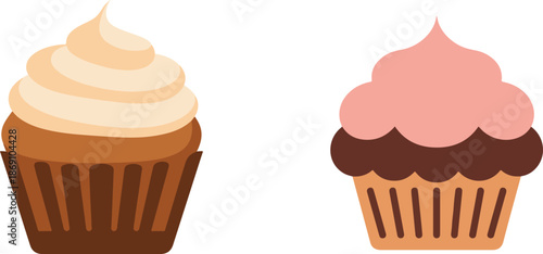 Two cupcakes with frosting in different colors and decorative paper liners