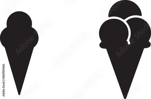 Two ice cream cones, one with single scoop, other with multiple scoops