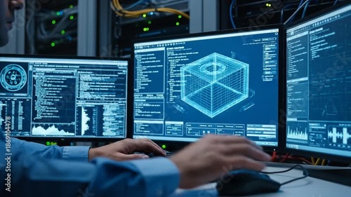 Wallpaper Mural Cybersecurity Analyst Monitoring Network Activity on Multiple Screens. Torontodigital.ca