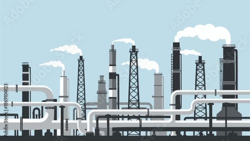 Industrial factory with smoke stacks and pipes.