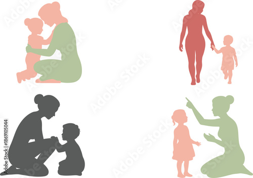 Four colorful silhouette illustrations portray a loving mother bonding with her small child