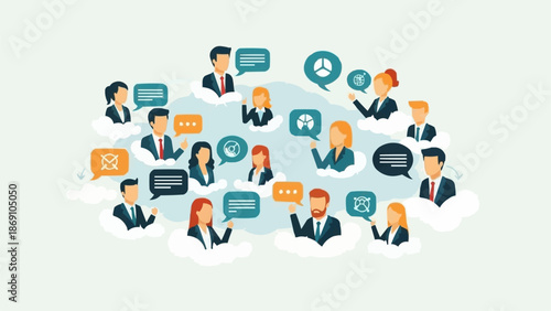 Diverse group of people communicating in a cloud network.