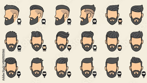 Collection of diverse male hairstyles and beard styles for men.