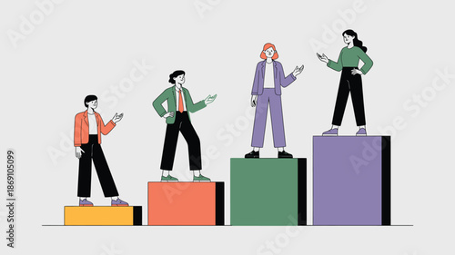 Four diverse women stand on colorful ascending steps representing career growth and professional development