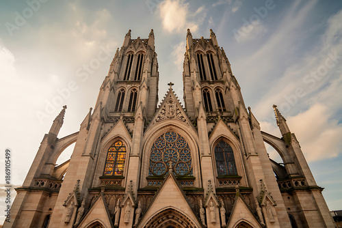 Stained Glass Windows on Gothic Cathedral Facade church