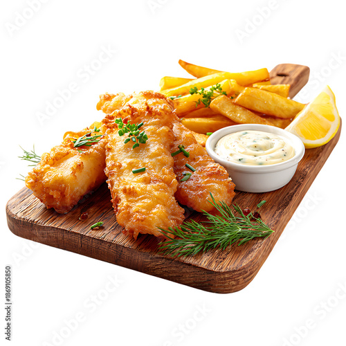 fish and chips with sauce on a wooden board on white background