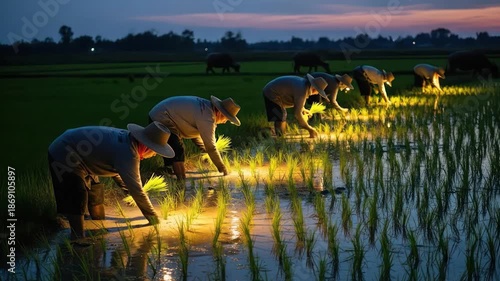 Wallpaper Mural Farmers Planting Rice Seedlings in a Field at Night Under Lights. Torontodigital.ca